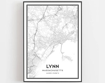 Lynn Map Print, Lynn Map Poster Wall Art, Ma  City Map, Massachusetts Print Street Map Decor, Road Map Gift, B914