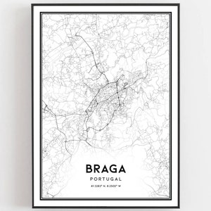 Braga Kaart Afdrukken, Braga Kaart Poster Wall Art, Braga Stadsplattegrond, Braga Print Stratenplan Decor, Wegenkaart Cadeau, B307