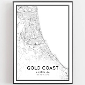Gold Küsten Karte Druck, Gold Küsten Karte Poster Wandkunst, Gold Küsten Stadt karte, Gold Küsten Druck Straßen karte Dekor, Straßen karte Geschenk, B381