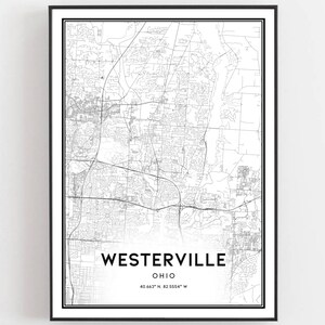 Westerville Karte Druck, Westerville Karte Poster Wandkunst, Oh Stadt Karte, Ohio Print Straßenkarte Dekor, Straßen karte Geschenk