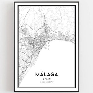 Málaga Karte Druck, Málaga Karte Poster Wandkunst, Málaga Stadtplan, Málaga Print Straßenkarte Dekor, Straßenkarte Geschenk, B376