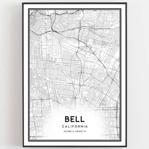 Bell Kaart Afdrukken, Bell Kaart Poster Wall Art, Ca Stadsplattegrond, Californië Print Stratenplan Decor, Wegenkaart Cadeau, B1716