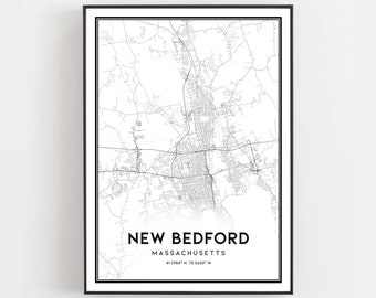 New Bedford Map Print, New Bedford Map Poster Wall Art, Ma  City Map, Massachusetts Print Street Map Decor, Road Map Gift