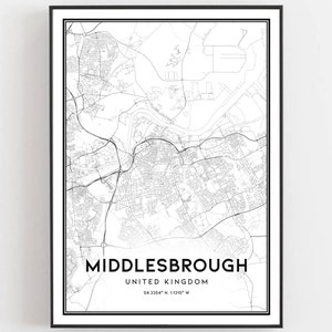 Könnte beinhalten: Schwarz-weiß-Kartendruck von Middlesbrough, Vereinigtes Königreich. Die Karte zeigt die Straßen und Sehenswürdigkeiten der Stadt. Der Text "Middlesbrough, Vereinigtes Königreich" und die Koordinaten "54.53364° N 1.11315° W" sind unter der Karte gedruckt.