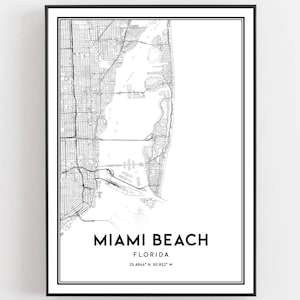 Miami Strand Karte Druck, Miami Beach Karte Poster Wandkunst, Fl Stadt karte, Florida Print Straßenkarte Dekor, Straßen karte Geschenk