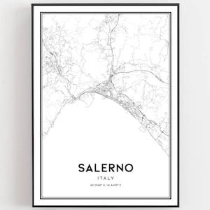 Salerno Kaart Afdrukken, Salerno Kaart Poster Wall Art, Salerno Stadsplattegrond, Salerno Print Stratenplan Decor, Routekaart Cadeau, B275