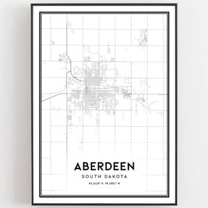 Aberdeen Karte Druck, Aberdeen Karte Poster Wandkunst, Sd Stadt Karte, South Dakota Print Straßenkarte Dekor, Straßen karte Geschenk, B1980