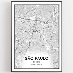 São Paulo Kaart Afdrukken, São Paulo Kaart Poster Wall Art, São Paulo Stadsplattegrond, São Paulo Print Stratenplan Decor, Routekaart Cadeau, B5