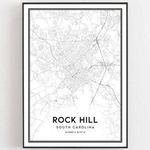 Rock Hill Map Print, Rock Hill Map Poster Wall Art, Sc City Map, Caroline du Sud Print Street Map Decor, Road Map Gift, B797