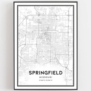 May include: Black and white map print of Springfield, Missouri. The map shows the city streets and includes the city name and coordinates: 37.1043° N, 93.1764° W.