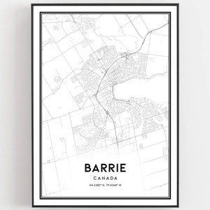 May include: Black and white map print of Barrie, Canada. The map shows the city's streets and roads. The text "Barrie, Canada 44.4285° N 79.4248° W" is printed at the bottom of the map.