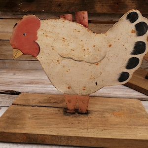 Handmade Chicken Candle Holder. Handpainted and placed on wooden base. Found on a farm. Vintage, Barn, retro, industrial, steel, shabby