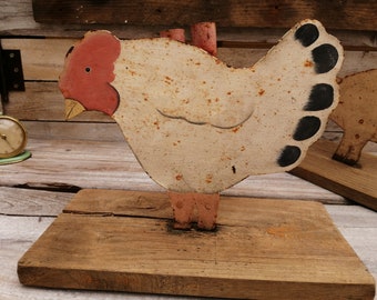 Handmade Chicken Candle Holder. Handpainted and placed on wooden base. Found on a farm. Vintage, Barn, retro, industrial, steel, shabby