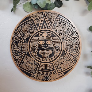 Wood Carved Stylized Aztec Calendar, Aztec Calendar Wall Art , Mayan Wood Art, Mayan Calendar Gift