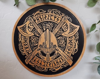 Wood Carved Viking Berserker Twin Axe Shield, Norse Helmet Wall Art, Viking Runes Wall Art, Norse Wall Hanging, 3D Art