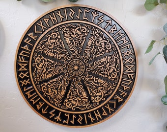 Wood Carved Ancient Scandinavian Ornament Wall Art, Viking Shield Wall Hanging, Wood Carved Viking Art, Viking Gift, Norse Carved Wall Art