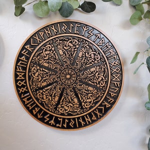 Wood Carved Ancient Scandinavian Ornament Wall Art, Viking Shield Wall Hanging, Wood Carved Viking Art, Viking Gift, Norse Carved Wall Art