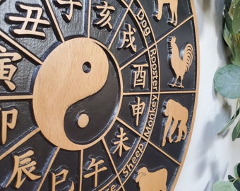 Wood Carved Chinese Zodiac Calendar Wall Art, Astrology Wall Hanging , Yin Yang Wall Art, Zodiac Wall Decor, Astrological Gift
