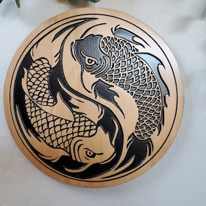 Wood Carved Koi Yin Yang Wall Art, Yin Yang Wood Carving, Japanese Koi Wall Hanging, Yin Yang Wall Decor, Gift For A Peaceful Mind