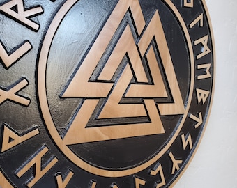 Wood Carved Viking Odin Valknut Wall Art, 3D Carved Nine Points of Valknut Viking Shield, Wood Carved Odin Wall Hanging, Viking/Norse Gift