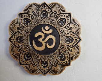 Wood Carved Om Lotus Flower Of Life Mandala Wall Art, Crown Chakra Gift, Spiritual Geometric Wall Art, Meditative Wall Decor