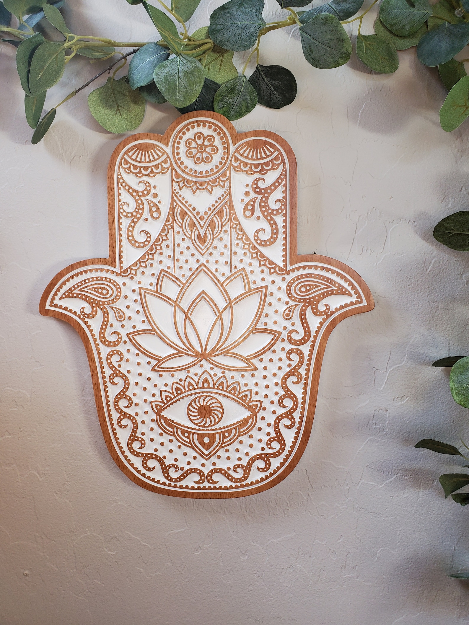 Wood Carved Eye & Lotus Hamsa Hamsa Wall Art Hamsa Wall Etsy
