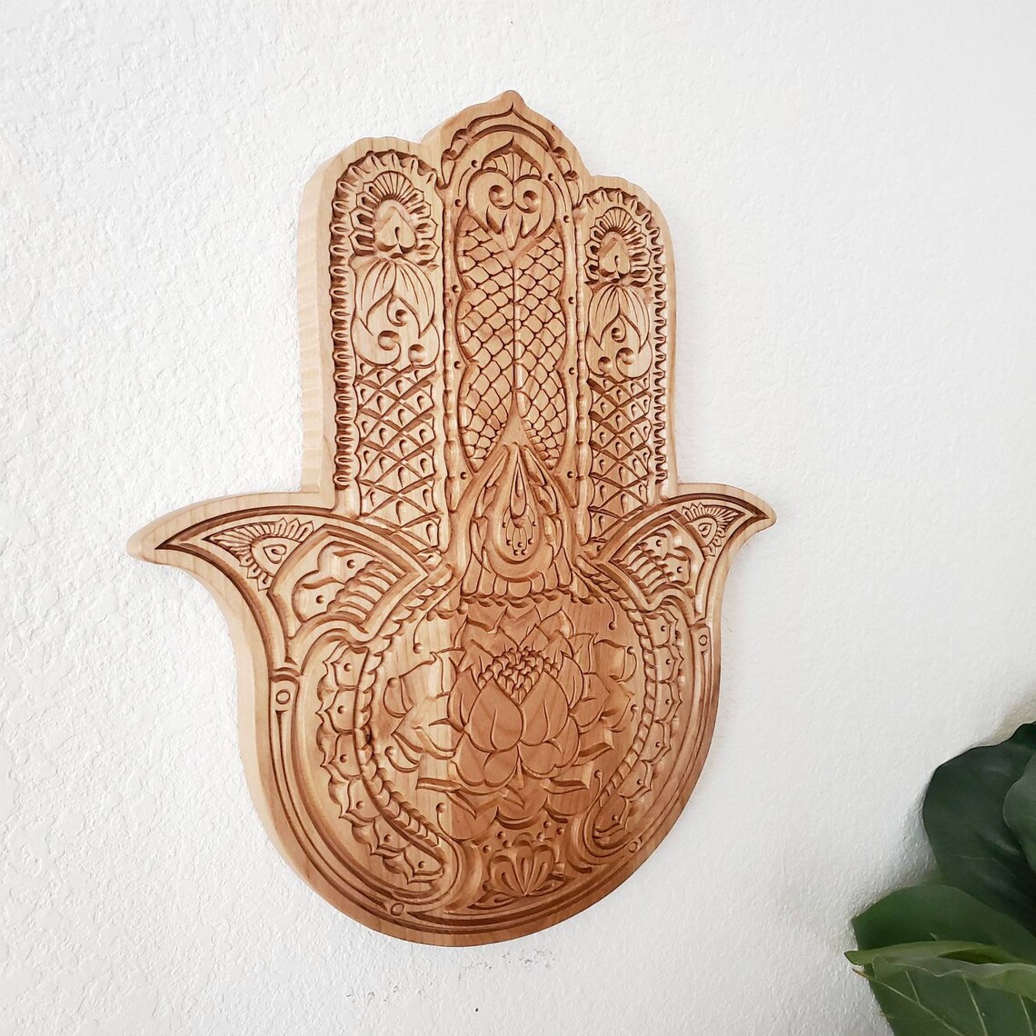 Wood Carved Lotus Flower Hamsa Hamsa Wall Art Hamsa Wall Etsy