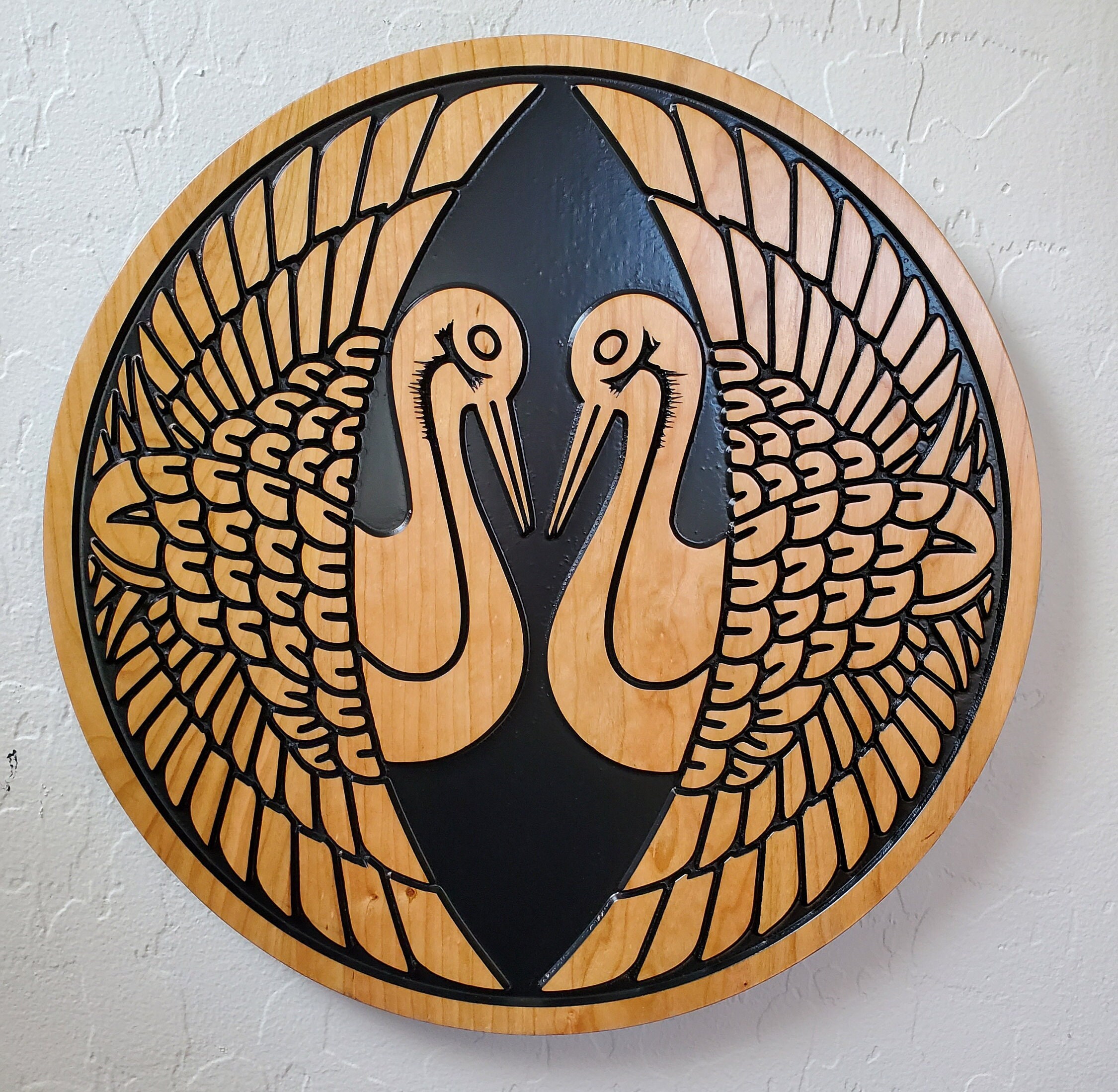Wood Carved Japanese Crane Kamon Family Crest Wall Art, Asian