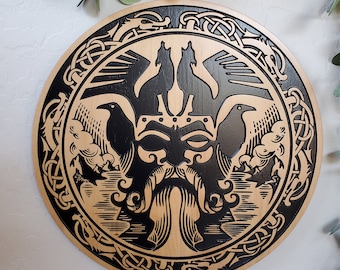 Wood Carved Viking God of Odin Wall Art, Norse Wall Art, 3D Carved God of Odin Wall Decor, Norse Wall Hanging, Viking Shield Gift
