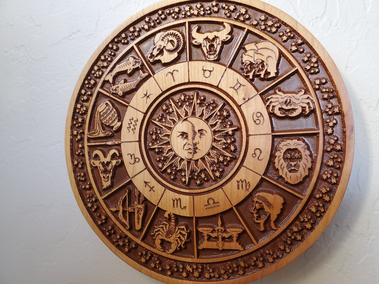 Wood Carved Astrological Calendar Wall Art Astrology Wall Etsy
