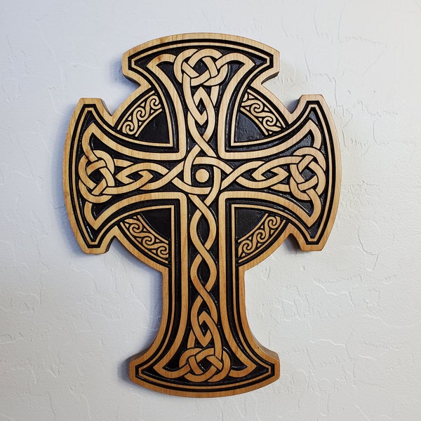 Handcrafted Wood Carved Celtic Cross Wall Art - Unique Home Decor - Irish Inspired Wood Carved Celtic Cross Wall Art - Religious Decoration