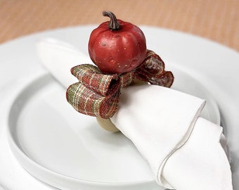 Handmade Pumpkin Napkin Rings with Checkered Ribbon - Set of 4
