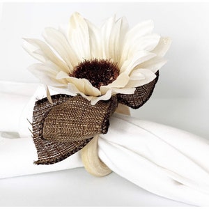 White Flower Napkin Rings - Rustic Thanksgiving Table Decor (Set of 4)
