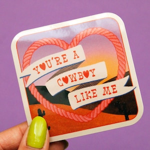 May include: A pink heart-shaped rope design with the text "You're a cowboy like me" on a sticker with a sunset background.
