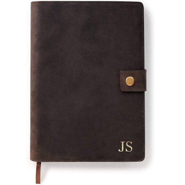 Couverture de journal rechargeable en cuir pleine fleur de qualité supérieure avec carnet de notes A5 avec lignes, passant pour stylo, fentes pour cartes et bouton-pression en laiton par Case Elegance