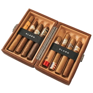 Maxwell 8-sigaar reisbeschermende harde hoes, kastanjebruin veganistisch leer, Spaanse ceder, 180 graden, gunmetal hardware, voor grote sigaren