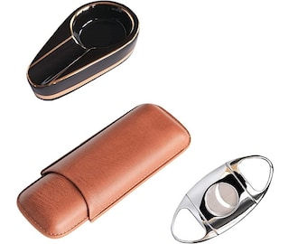 Cigar Cutter, Ashtray, and Travel Cigar Case Bundle