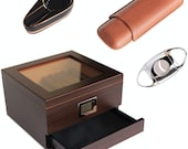 Renzo Glass Top Humidor with Cigar Cutter, Ashtray, and Travel Cigar case Bundle