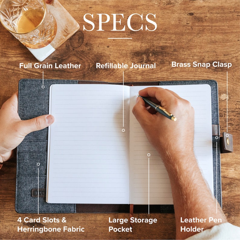 May include: A gray leather journal with a brass snap clasp, herringbone fabric cover, and a large storage pocket. The journal is refillable and has 4 card slots.