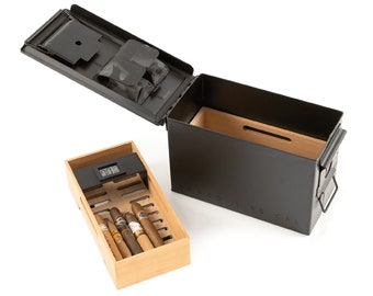 The Smoke Can 50CAL Humidor, Metal Ammo Box, Cedar Shelves, Black Finish, Digital Hygrometer, Magnetic Accessory Case - Holds 30-40 Cigars