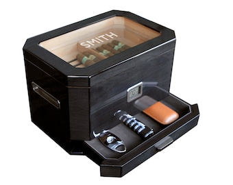 Octodor Large Black Piano Finish Glass Top Cedar Humidor, Digital Hygrometer, Humidification, and Accessory Drawer - Holds (50-100 Cigars)