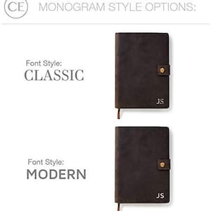 May include: Two brown leather journals with a gold clasp and a gold monogram. The top journal has the text "Font Style: CLASSIC" and the bottom journal has the text "Font Style: MODERN". Both journals have the initials "JS" monogrammed on the front.