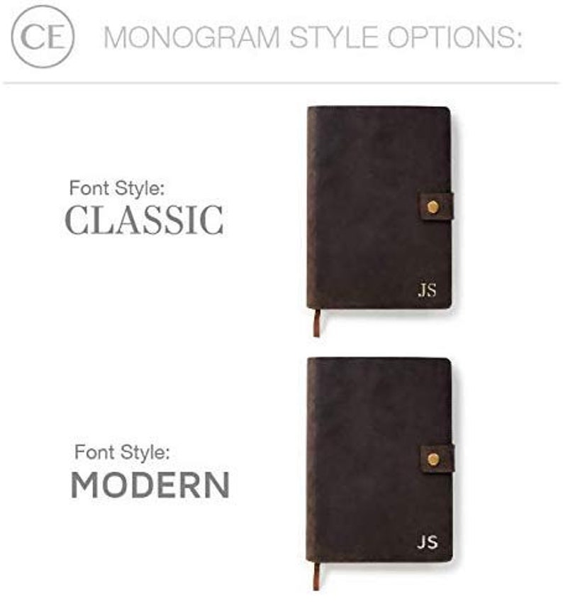 May include: Two brown leather journals with a gold clasp and a gold monogram. The top journal has the text "Font Style: CLASSIC" and the bottom journal has the text "Font Style: MODERN". Both journals have the initials "JS" monogrammed on the front.