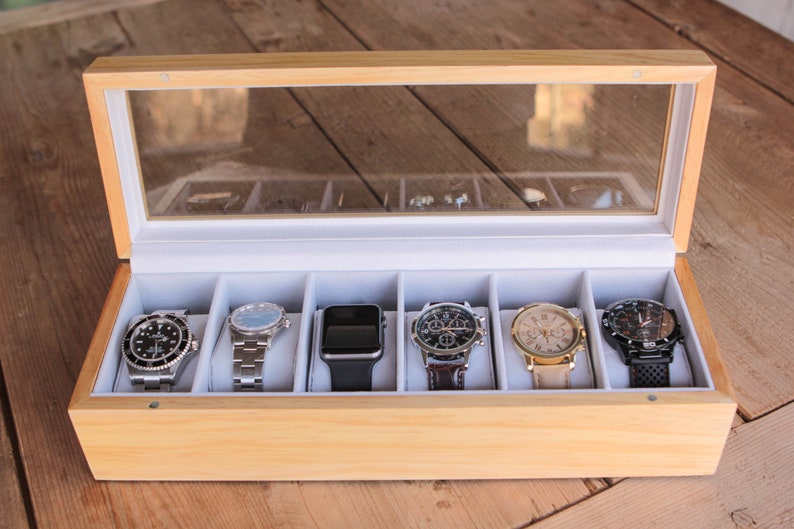 Solid Pine Wood Watch Box Organizer With Glass Display Top by Etsy