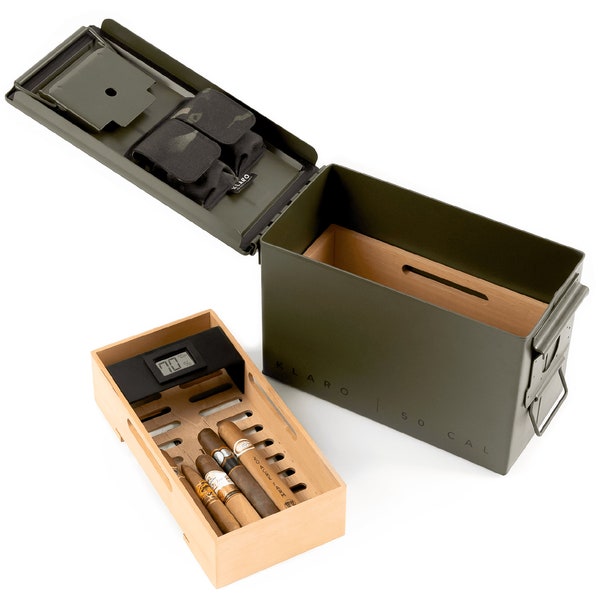 The Smoke Can 50CAL Humidor, Metal Ammo Box, Cedar Shelves, Green Finish, Digital Hygrometer, Magnetic Accessory Case - Holds 30-40 Cigars