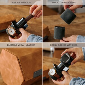 May include: A brown leather watch winder with a hidden storage compartment. The winder is rotating a watch with a gold face and brown band. The text "HIDDEN STORAGE" is visible in the top left corner of the image.
