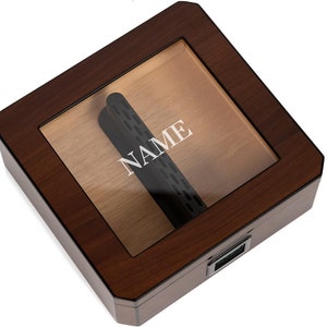 MAG Desktop Humidor, Walnut Finish, Holds 20-30 Cigars, Glass Top with Magnetic Seal, Octagon shape, Spanish Cedar Includes Humidor Solution