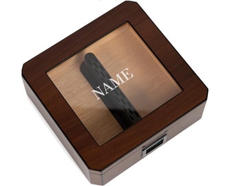 MAG Desktop Humidor, Walnut Finish, Holds 20-30 Cigars, Glass Top with Magnetic Seal, Octagon shape, Spanish Cedar Includes Humidor Solution