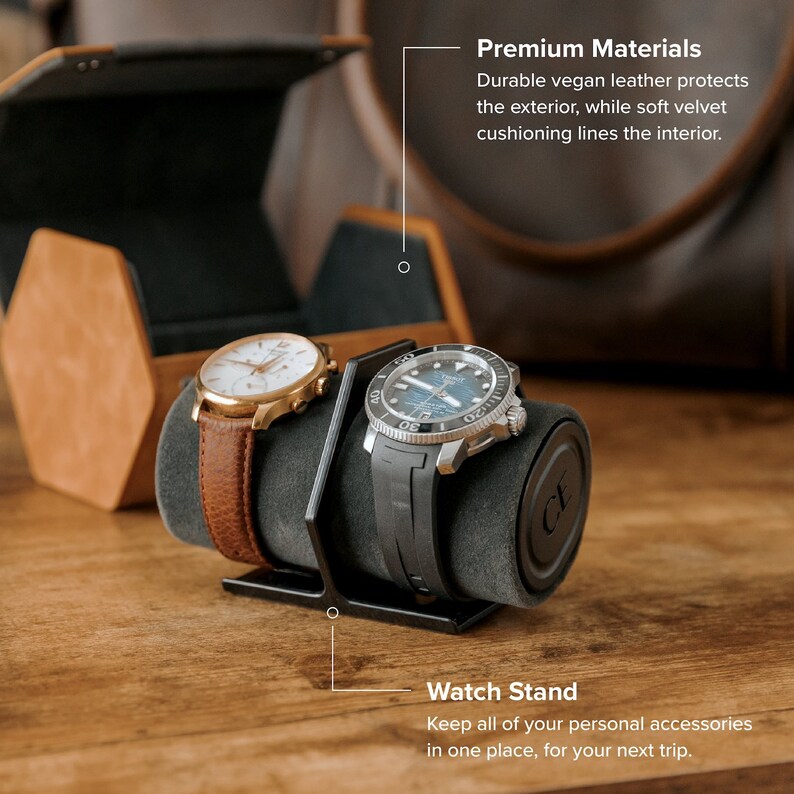 May include: A black watch stand with two watches, one with a brown leather band and the other with a black rubber band. The stand is made of durable vegan leather and soft velvet. "Premium Materials" and "Watch Stand" are written in white text on a black background.