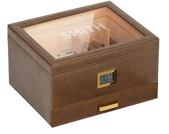 Belmont Glass Top Humidor Vegan Leather, Front Digital Hygrometer, Spanish Cedar, Hydro System, Accessory Drawer - (30-60 Cigars) by Klaro